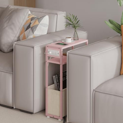 Leomonio Pink Side Table with Charging Station, Slim End Tables with Linen Basket, Skinny Table for Small Spaces, Thin Bedside Table for Living Room, Bedroom - color: Jelly Pink + Cream White - Outlet