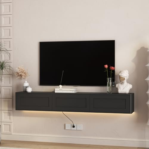 Floating TV Stand Wall Mounted with Led Lights & Power Outlets for TVs Up to 70 Inch, Wooden Media Console Entertainment Center Television Table Cabinet for Living Room - color: Black, size: 68.9" W x 10.6" H