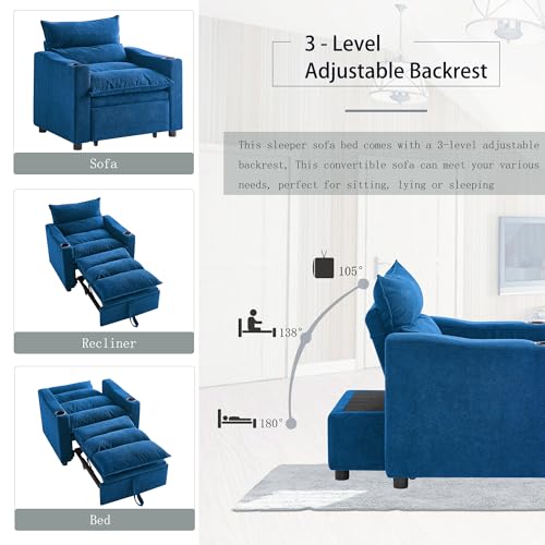 SLEERWAY 3 in 1 Convertible Sleeper Sofa Bed, 56.3" W Easy Pull Out Couch Bed with Dual Cup Holders, Comfy Thick Padding Futon Loveseat with Adjustable Backrest for Living Room Small Space (Blue) - color: Blue, size: 56.3"