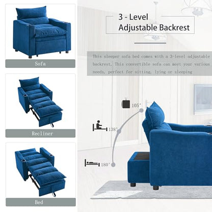 SLEERWAY 3 in 1 Convertible Sleeper Sofa Bed, 56.3" W Easy Pull Out Couch Bed with Dual Cup Holders, Comfy Thick Padding Futon Loveseat with Adjustable Backrest for Living Room Small Space (Blue) - color: Blue, size: 56.3"