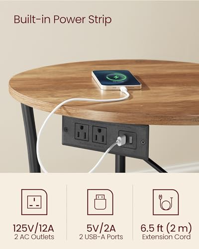 VASAGLE 21.7-Inch Round Side Table, 2-Tier End Table | Nightstand with Steel Frame, Spacious Top, for Small Spaces, Living Room, Bedroom, Honey Brown and Ink Black ULET077K02 - color: Honey Brown + Ink Black, style: With Power Strip