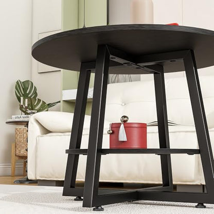 Round Coffee Table with Storage,Metal Small Coffee Table,Black | 2-Tier Circle Small Coffee Table for Living Room, Metal Frame/Wood Look,Modern Sofa Table Center for Home Office - color: Black