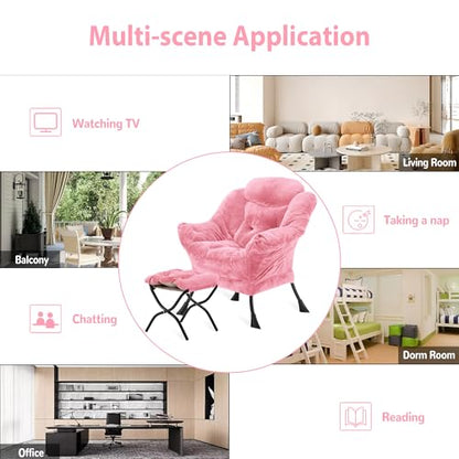 Youtanic Lazy Chair with Folding Ottoman, Accent Chair Plush Upholstered with Metal Structure and Non-Slip Pads, Sofa Armchair with Footrest and Side Storage Bag for Dorm, Room, Office, Pink - color: Plush Pink-f