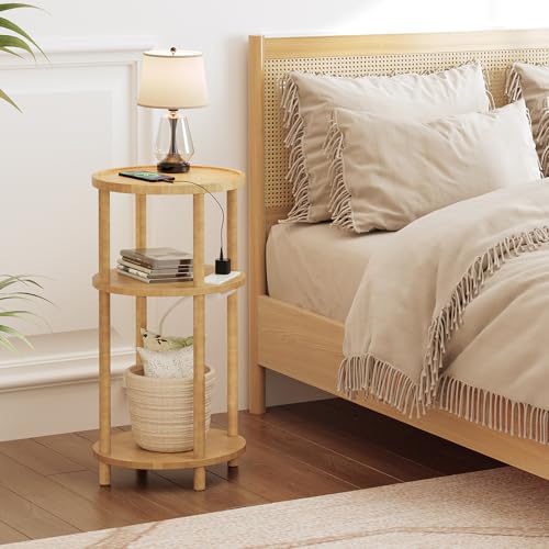 HOOBRO Small Round Side Table with Charging Station, 3-Tier Round Bamboo End Table, Compact Sofa Bedside Table for Small Space, Easy Assembly, for Living Room, Bedroom, Apartment, Natural YL152UBZ01 - color: Natural