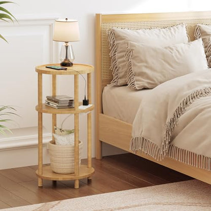 HOOBRO Small Round Side Table with Charging Station, 3-Tier Round Bamboo End Table, Compact Sofa Bedside Table for Small Space, Easy Assembly, for Living Room, Bedroom, Apartment, Natural YL152UBZ01 - color: Natural