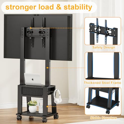 Rolling TV Stand with Storage for 23-60 Inch TVs up to 88 lbs, Height Adjustable Tilt Mobile TV Mount Cart with Drawer & 2 Shelves, Space-Saving Corner Design for Bedroom Living Room, VESA 400x400mm - size: 1 Drawers