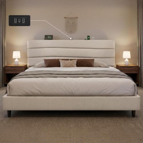 EnHomee King Size Bed with Upholstered Headboard & Charging Station | Adjustable height, Wave design, 2 USB & 1 Type-C ports, Under-bed storage, Noise-free, No box spring needed, Beige - color: Beige, size: King