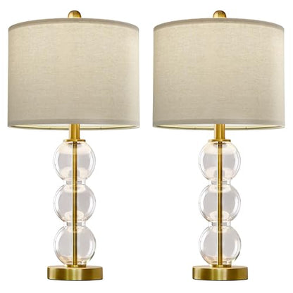 25" Glass Table Lamps Set of 2, Gold Modern Table Lamps with USB Ports for Living Room, Linen Shade Bedside Lamps for Bedroom, Nightstand, Side Table (Bulbs not Included) - color: Gold