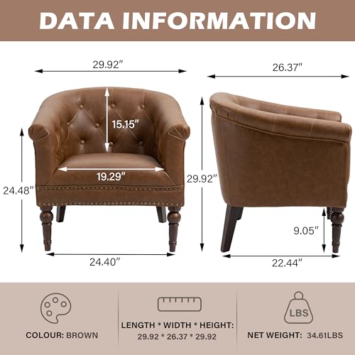 PU Leather Barrel Accent Chair, Modern Upholstered Club Chair, Brown | Comfy Living Room Chair, Nailed Trim Barrel Arm Chair Bedroom Reading Seat | 27"D x 30"W x 30"H - color: Tan