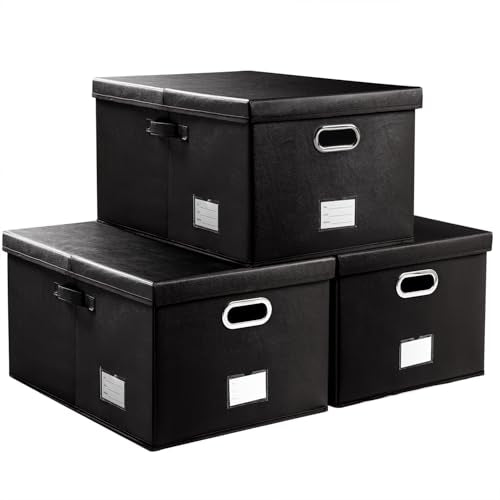 Collapsible Storage Box with Lid [3-Pack] Leather Fabric Foldable Storage Bin Organizer Container Basket Cube with Cover for Home Bedroom Closet Office Nursery Black(22.8X15.7X11.8) - color: Black, size: X-Large(3-Pack)