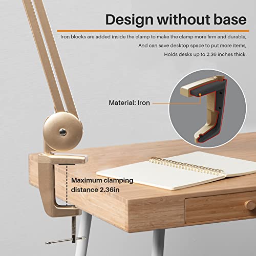23-Inch LED Task Lamp with Clamp, 24W 2200LM, Gold | 117 SMD LEDs with 4 brightness levels provide eye-caring lighting for reading, crafting, office work, and study