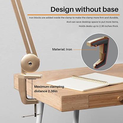 23-Inch LED Task Lamp with Clamp, 24W 2200LM, Gold | 117 SMD LEDs with 4 brightness levels provide eye-caring lighting for reading, crafting, office work, and study