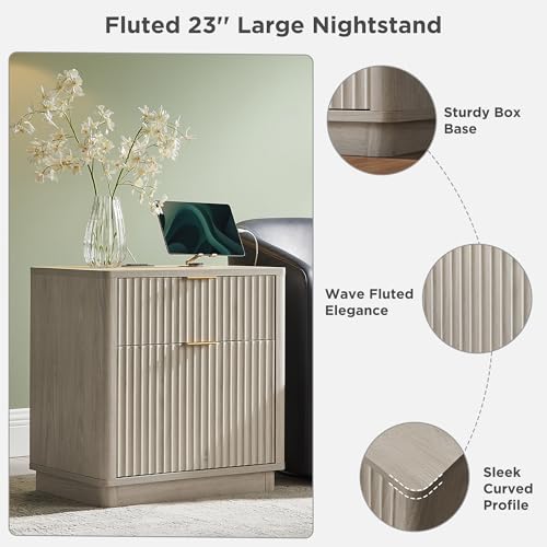 T4TREAM 23'' Fluted Nightstand with Charging Station, Modern, White Alder | Large 2 Drawer, Curved Profile, Mid-Century, Bedside Table with Storage, End Table for Living Room, Bedroom, Side Table - color: White Alder