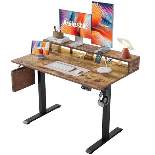 Agilestic 48*24 Inch Electric Standing Desk with Shelf & Led, Rustic Brown | Electric Height Adjustable, Outlets&Led, Monitor Stand, Sturdy Steel Frame, Memory Presets, Hooks, 154 lbs, Splice Board - color: Led-rustic Brown, size: 48 x 24 Inches with led