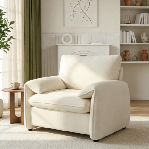 Oversized Accent Chair, 37" Chenille Armchair for Living Room, Beige | Comfy Upholstered Reading Chair, Chair and a Half, Modern Single Sofa Chairs for Bedroom, Nook, Apartment