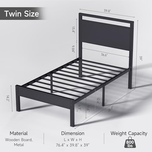 Z-hom Twin Metal Bed Frame with Wooden Headboard and Footboard, Heavy Duty Platform Frame with Metal Slats, No Box Spring Needed, Quiet and Non-Slip Design, Bed Storage for Small Bedroom,Black - color: Black, size: Twin