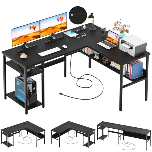 Unikito Reversible L Shaped Desk with Magic Power Outlets and USB Charging Ports, Sturdy Corner Computer Desk with Storage Shelves, Gaming Table Home Office Desk, Easy to Assemble, Black - color: Black