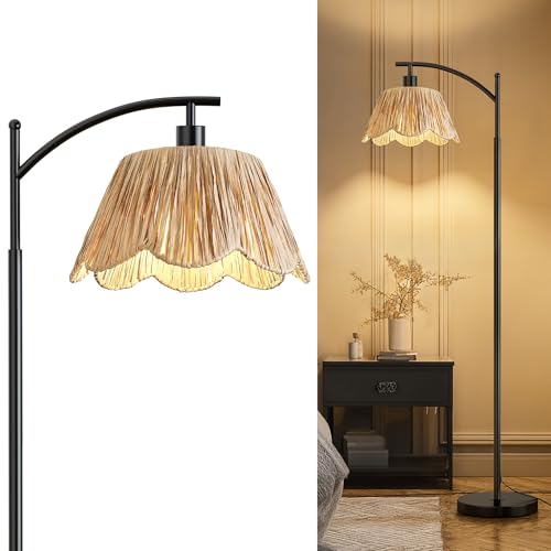 Arc Floor Lamp for Living Room,Rattan Boho Floor Lamp with Hand-Woven Shade, Foot Switch,Black Metal Base & Pole,Farmhouse Standing Lamp for Bedroom Corner,Reading - color: Black