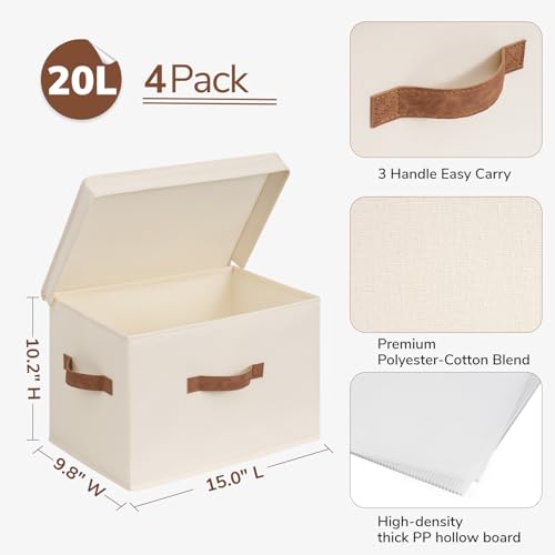CHICVITA 4-Pack Medium Fabric Storage Baskets with Lids for Shelves,Ivory | 15" x 9.8" x 10.2" Closet Storage Bins with Durable Support Plate, Toy Storage with Handles for Playroom - color: Ivory, size: 20L (15"L x 9.8"W x 10.2"H)