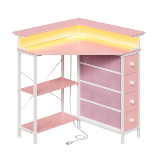 VENNQD Corner Desk with Drawers Shelves for Small Space 90 Degrees Triangle Computer Desk with Power Outlets,Gaming Desk with LED Lights Monitor Stand for Home Office Workstation Writing Table (Pink) - color: Pink