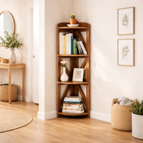 Corner Shelf, 4 Tier Wooden Corner Bookshelf, Small Space Corner Storage Shelf Stand, Freestanding Corner Bookcase Organizer for Living Room, Home Office, Bedroom, (Brown, 4 Tier) - color: Brown, size: 4 Tier