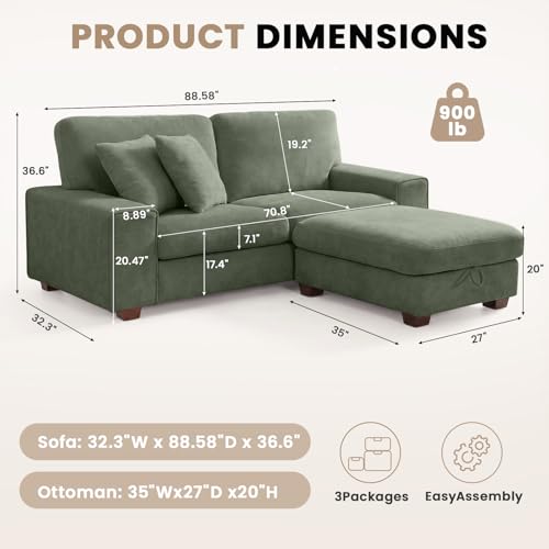 DOPEDIO 88.58" L-Shaped Sectional Couch with Storage Ottoman, Green | L-shaped sectional sofa with storage ottoman, chenille fabric, washable covers, pocket spring cushions, easy assembly - size: 88.58 inch-L, style: Green Chenille