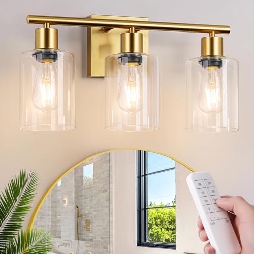 Battery Operated Wall Sconce, 3-Light Dimmable Rechargeable Wireless Vanity Light Fixture with Remote & Bulbs, Gold Indoor Non-Hardwired Decor Wall Lamp for Bedroom, Living Room, Hallway, Mirror - color: Gold