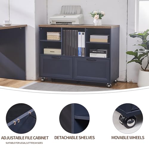 60" Farmhouse Executive Desk with 40" Mobile File Cabinet,L Shaped Desk Set with Charging Station,Office Desk with Storage Drawers,Wood Computer Desk Set for Office Work,Home Study - color: Blue