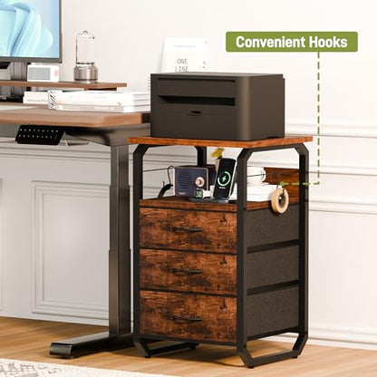 runjuly End Tables Set of 2 with Charging Station, LED Lights, Hooks, Brown | 3 Large Fabric Drawers, USB C Ports & Power Outlets, Metal Night Stand Pair, Storage Nightstand for Living Room / Bedroom - color: Rustic Brown, style: Larger+Taller Set of 2