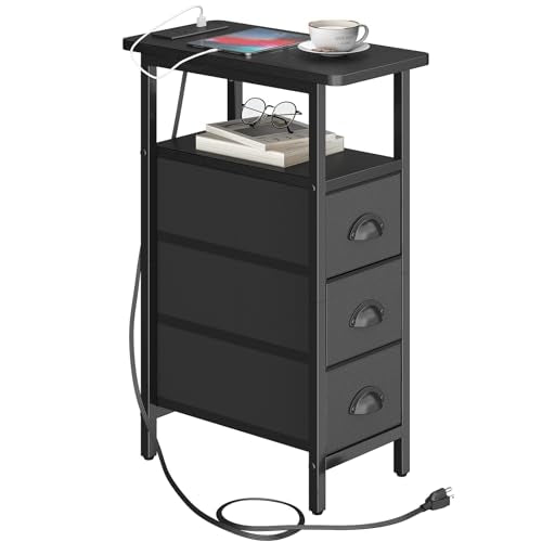 sthmec End Table with Charging Station,Narrow Side Tables with USB Ports and Outlets,Skinny Bedside Tables with 3 Drawers,Small Tables Nightstands for Small Space,Slim Sofa Table for Livingroom,Black - color: Black, size: 7.88'' W*15.75'' D*24.3'' H, styl