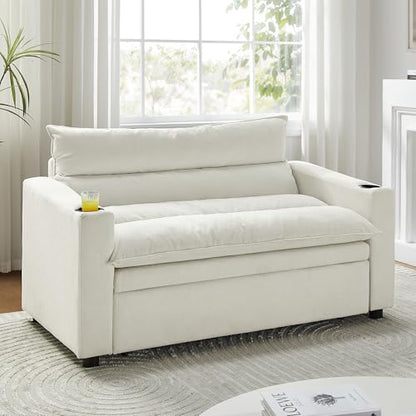 SLEERWAY 3 in 1 Convertible Sleeper Sofa Bed, 56.3" W Easy Pull Out Couch Bed with Dual Cup Holders, Comfy Thick Padding Futon Loveseat with Adjustable Backrest for Living Room Small Space (Grey) - color: Beige, size: 56.3"