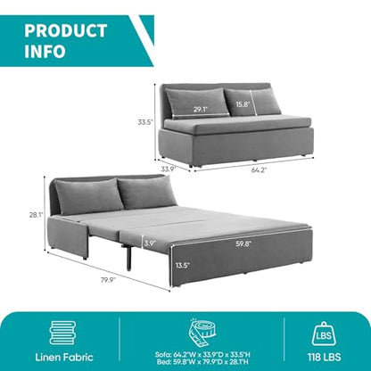 BALUS 64" W Queen Size Pull Out Sleeper Sofa Bed Pull Out Couch -Light Grey | 2 in 1 Convertible Bed, Linen Loveseat Sofa, with Pillow and Tri-fold Mattress,Loft Sofa for Small Space - color: Light Grey, size: Queen