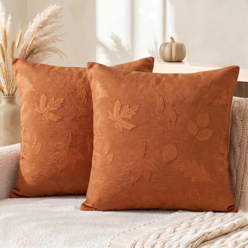 AVOIN colorlife Caramel Jacquard Decorative Throw Pillow Covers Set of 2, 18 x 18 Inch Maple Leaf Woven Textured Cushion Case Home Decor for Couch Sofa Bed - color: Caramel