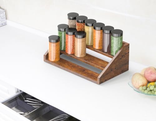 3 Tier Wood Spice Rack Organizer for Cabinet, Super Sturdy Display Riser Shelf Seasoning Organizer for Countertop Pantry Cupboard, Retro Storage Holder for Kitchen Condiment Jar Spice Container - color: Rustic Brown, 3 Tier