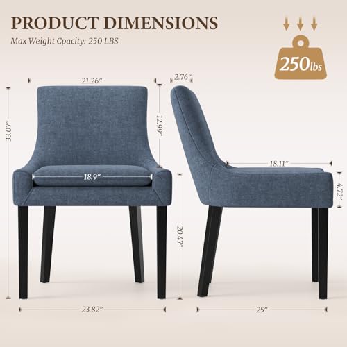 COLAMY Modern Dining Room Chairs Set of 2 with Mid Back and Wood Legs, Upholstered Kitchen Chairs for Dining Room/Living Room, Blue - color: Blue, size: Set of 2