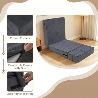 KOMFOTT Convertible Folding Sofa Bed, 4-in-1 Fold Out Sleeper Chair | Floor Sofa with Corduroy Cover, Smooth Zipper & Hook and Loop Fasteners for Living Room, Bedroom, Guest Room, Dark Grey