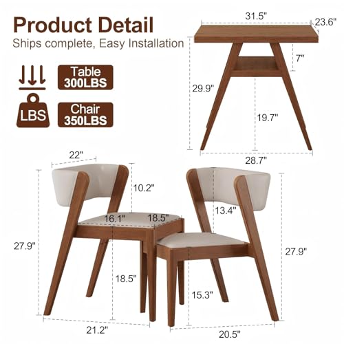 AnywaysWood Solid Wood Outdoor Patio Dining Table Set,3 PCS Bistro Dining Table Set of 2 with upholstered Chairs Patio Conversation Set Stackable Chair and Table Design for Lawn,Deck,Backyard,Walnut - size: 31.5“ x 23.6” x 29.9“