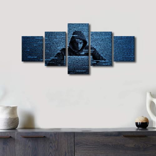 Bathroom Decor Wall Art Hacker in Data Security Printed Wall Paintings 5 Pieces Hacker Using Laptop Wall Art for Living Room Decor Hacking the Internet Wall Pictures Framed Ready to Hang (50"Wx24"H) - color: Artwork-07, size: 50"Wx24"H