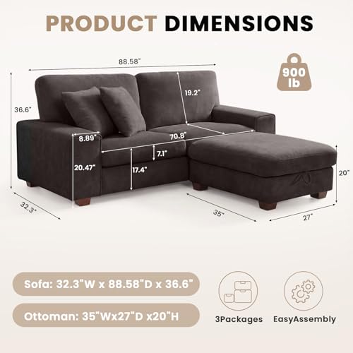 DOPEDIO 88.58" L-Shaped Sectional Sofa with Storage Ottoman, Dark Grey | L-shaped sectional sofa with storage ottoman, chenille fabric, washable covers, pocket spring cushions, easy assembly - size: 88.58 inch-L, style: Dark Grey Chenille