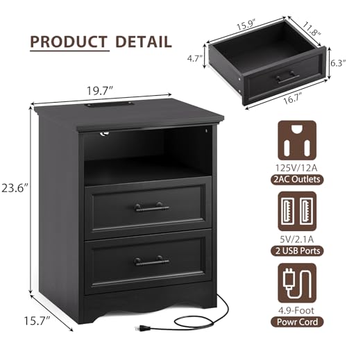 Black Night Stand with Charging Station, Farmhouse Bedside Table & End Table with 2 Drawers and Unique Base Design, Wood Nightstand with Metal Handles for Bedroom, Living Room - color: Black, size: 1 Piece
