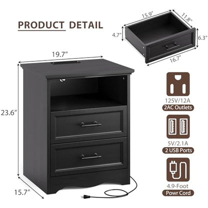 Black Night Stand with Charging Station, Farmhouse Bedside Table & End Table with 2 Drawers and Unique Base Design, Wood Nightstand with Metal Handles for Bedroom, Living Room - color: Black, size: 1 Piece