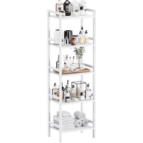 HITNET 5 Tier Bamboo Shelf, Tall Narrow Bookcase, Freestanding Bathroom Storage Unit with Adjustable Shelves, Modern Display Standing Bookshelf for Living Room, Bedroom, Home Office, White - color: White