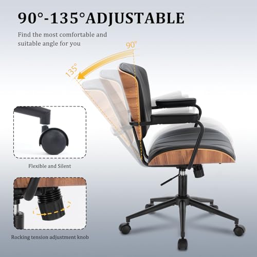 Mid Century Modern Walnut Leather Office Chair with Arms, Black | Fixed walnut bentwood back with armrests, height-adjustable swivel rolling base, PU leather seat, ideal for home office use - color: Black