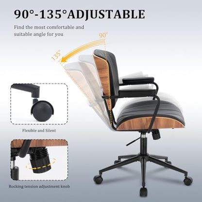 Mid Century Modern Walnut Leather Office Chair with Arms, Black | Fixed walnut bentwood back with armrests, height-adjustable swivel rolling base, PU leather seat, ideal for home office use - color: Black