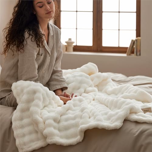 Bedsure 3D Fleece Bubble Blanket for Couch - GentleSoft White Throw Blanket for Sofa Bed Room Decor - Luxury Soft Cozy Gifts for Women, Lightweight, All Seasons, Off White, 50"×70" - color: 01 Off White, size: Throw XL (50" X 70")