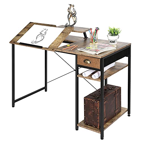 X-cosrack Adjustable Drafting Table with Storage Drawer & Monitor Stand | 43"L Art Desk with Monitor Stand for Home Office, Tiltable Draft Drawing Table for Artist, Study, Writing Workstation - color: Rustic Brown