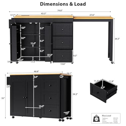 Kitchen Island, Extendable Dining Table with Power Outlet | Extendable dining table expands from prep station to dining table, seats up to 2 extra guests, saves space when closed - color: Black3