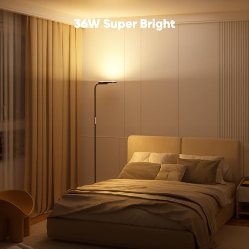 36W LED Floor Lamp, Super Bright Standing Lamp, Modern Stepless Dimmable Torchiere Tall Lamp with Remote Control, 350°Rotating Head Reading Floor Lamp for Living Room, Bedroom, Office - color: Black