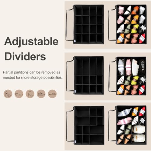 Shoe Organizer for Closet, Foldable Shoe Box with Adjustable Dividers and Clear Cover, Space Saving Shoe Storage Organizer Cabinet with Reinforced Handles, Fits 16 Pairs, Black, TP09B - color: Black, size: Large(20.87''L x 16.54''W x 13.5''H)