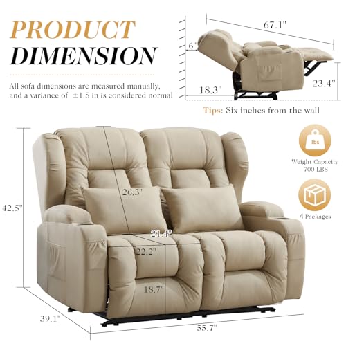 Loveseat Recliner Sofa,RV Wall Hugger Recliners for Small Spaces,Reclining Loveseat Sofa Recliner with Cup Holders/Lumbar Pillows,RV Furniture (Beige, 56" 2-Seater) - color: Beige, size: 56" 2-Seater